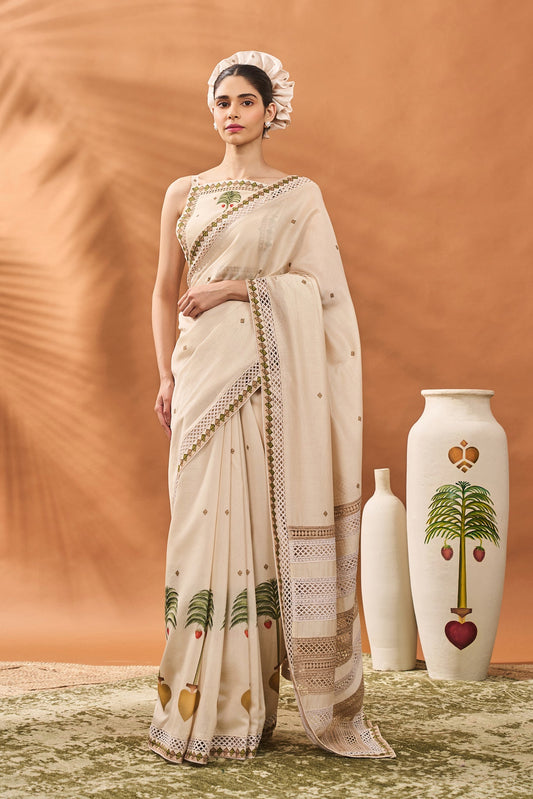 Ivory Tree Of Hearts Saree
