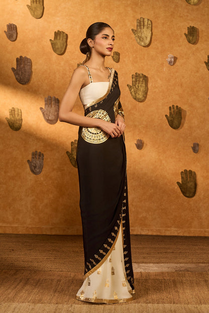 Black & White Moon Fish Saree