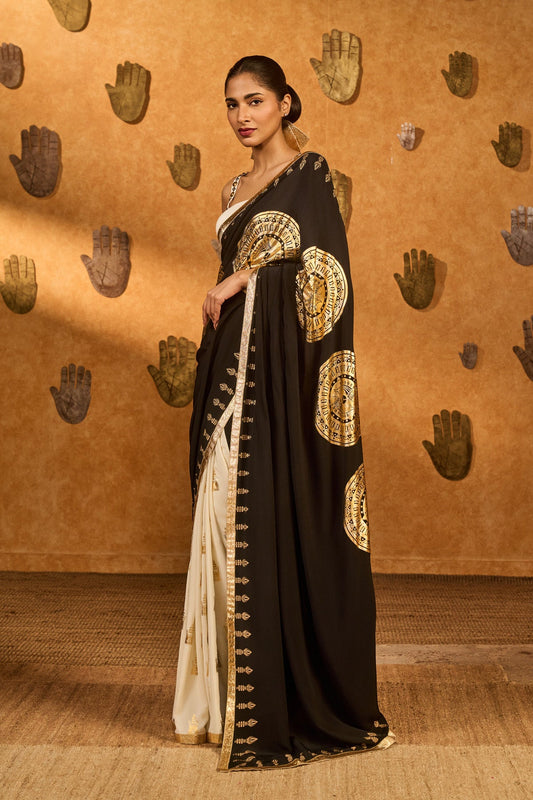 Black & White Moon Fish Saree