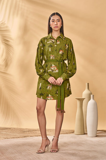 Olive Miniature Dreams Shirt Dress