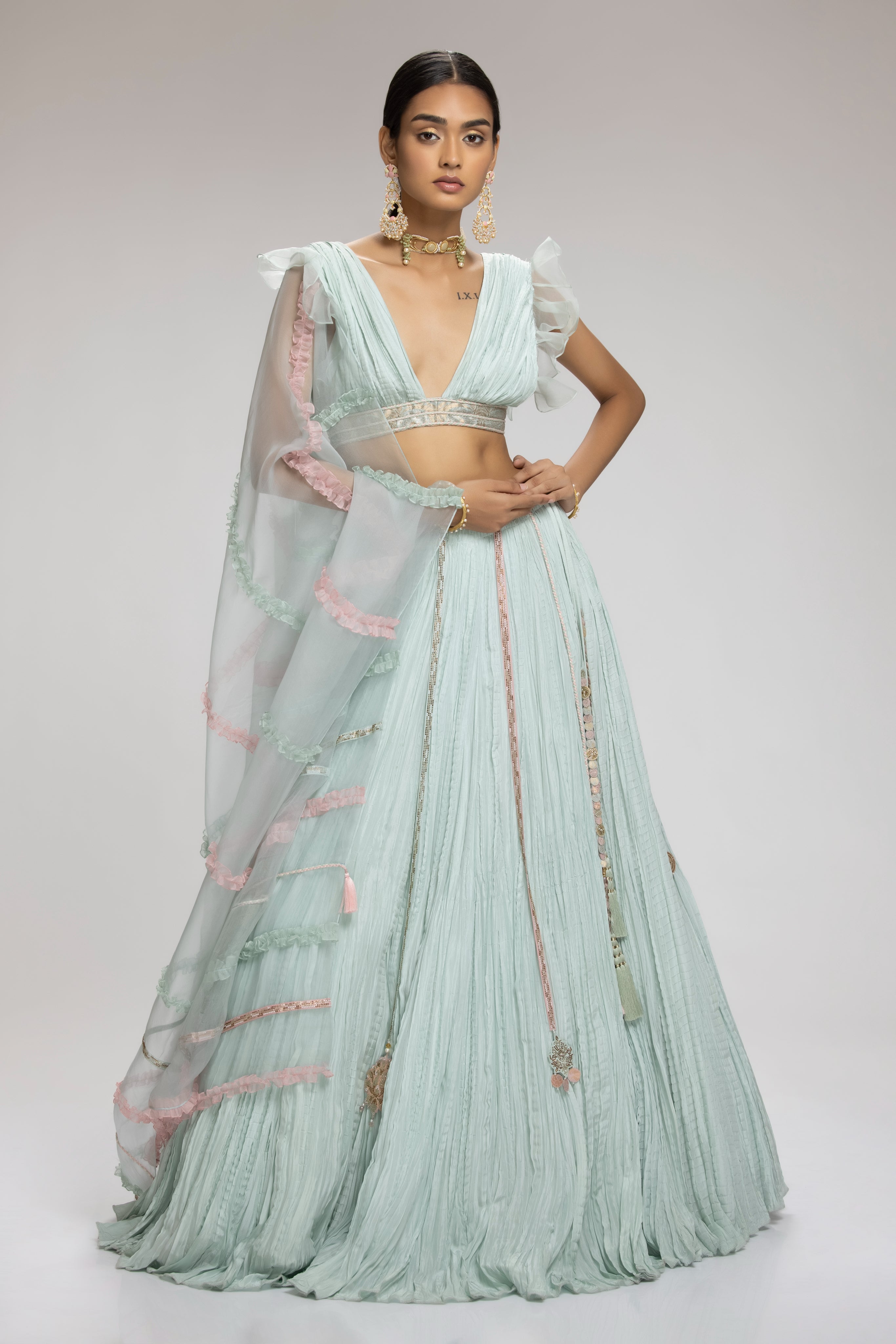 Mint Crinkled Habutai Silk Embellished Azure Lehenga Set
