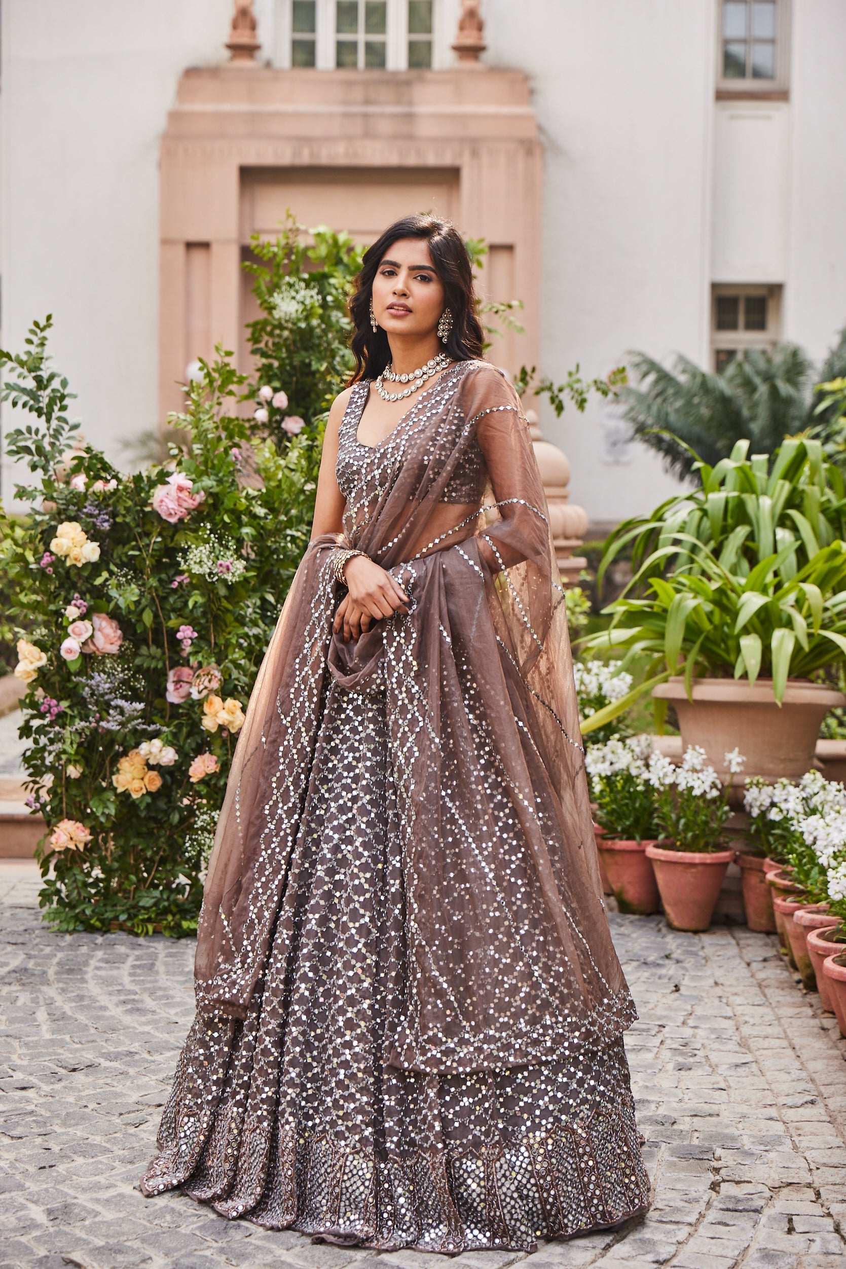 brown engagement lehenga