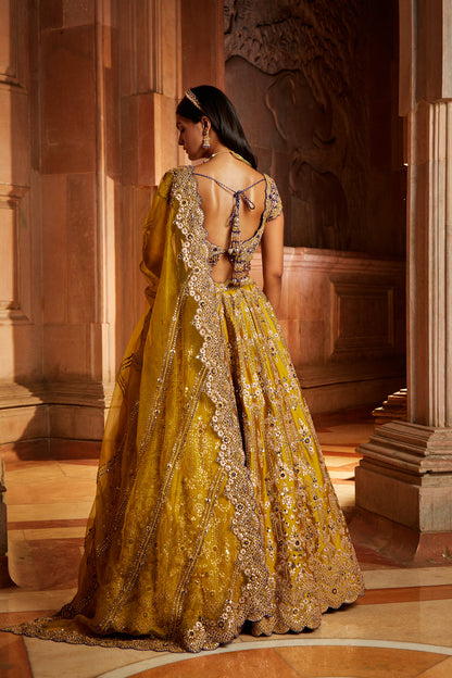 Mustard Tafetta Lehenga Purple Choli Organza Set