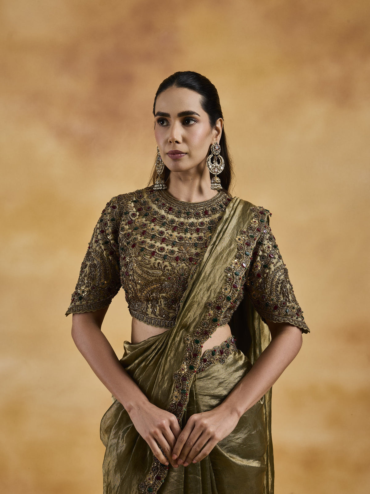 Green-Gold Jewelled Saree Set