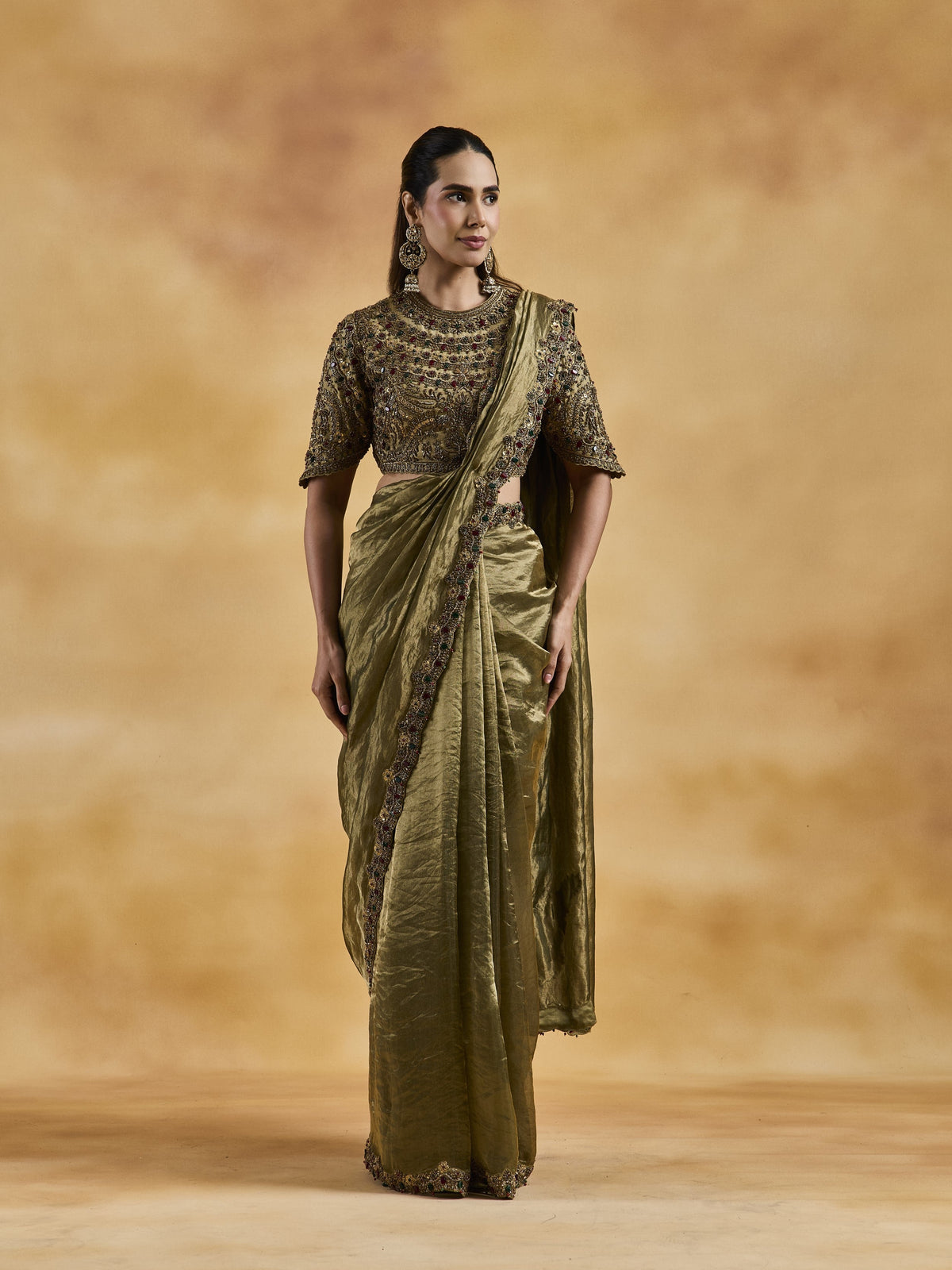 Green-Gold Jewelled Saree Set