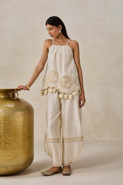 Chanderi Applique Embroidery Strappy Short Top And Palazo Set