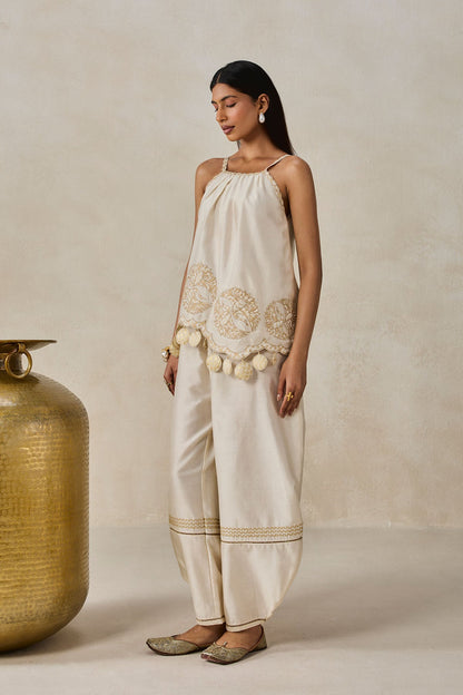 Chanderi Applique Embroidery Strappy Short Top And Palazo Set