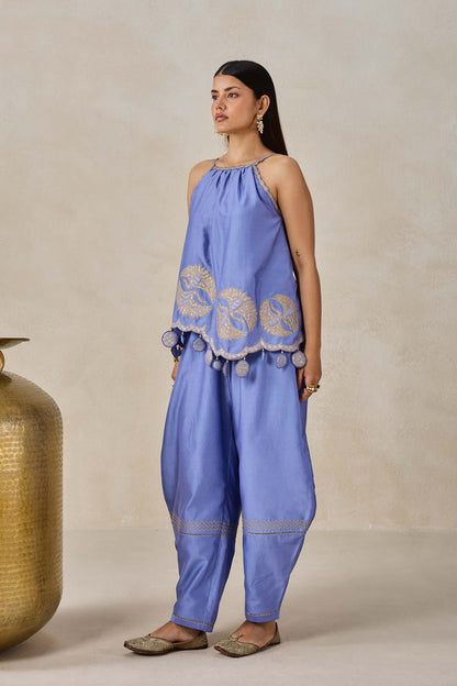 Chanderi Applique Embroidery Strappy Short Top And Palazo Set