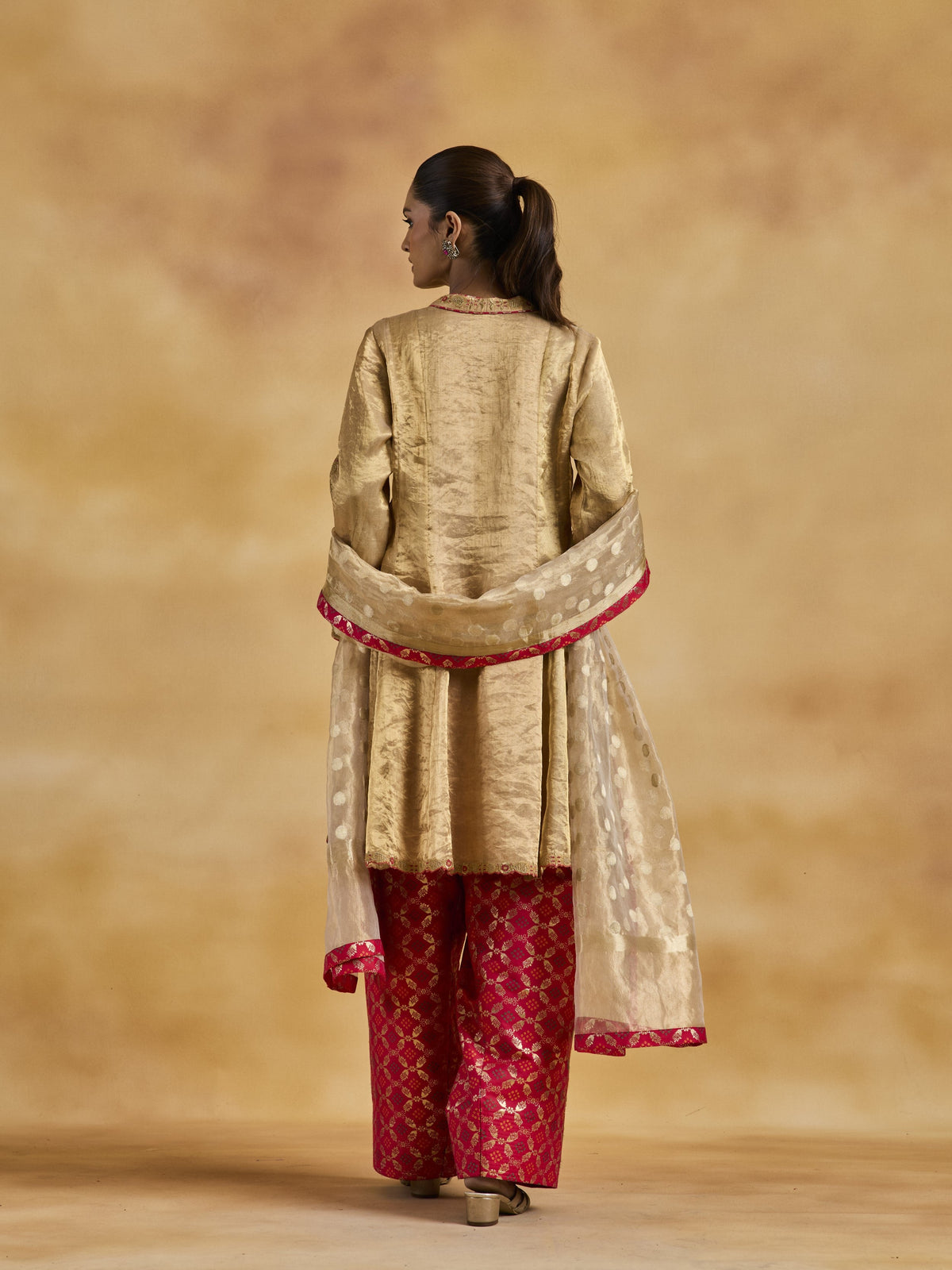Gold Tissue Anarkali Set