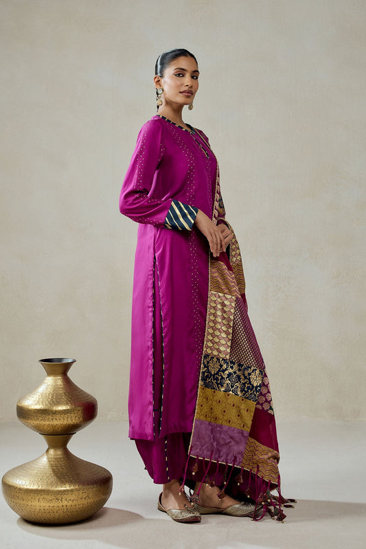Wine  Salwar Suit With Multicolour Brocade Dupatta Set