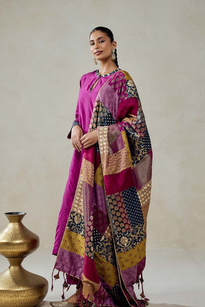Wine  Salwar Suit With Multicolour Brocade Dupatta Set