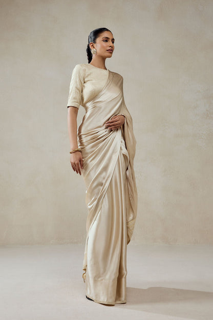 Ivory Monga Tissue Gold Striped Saree Set