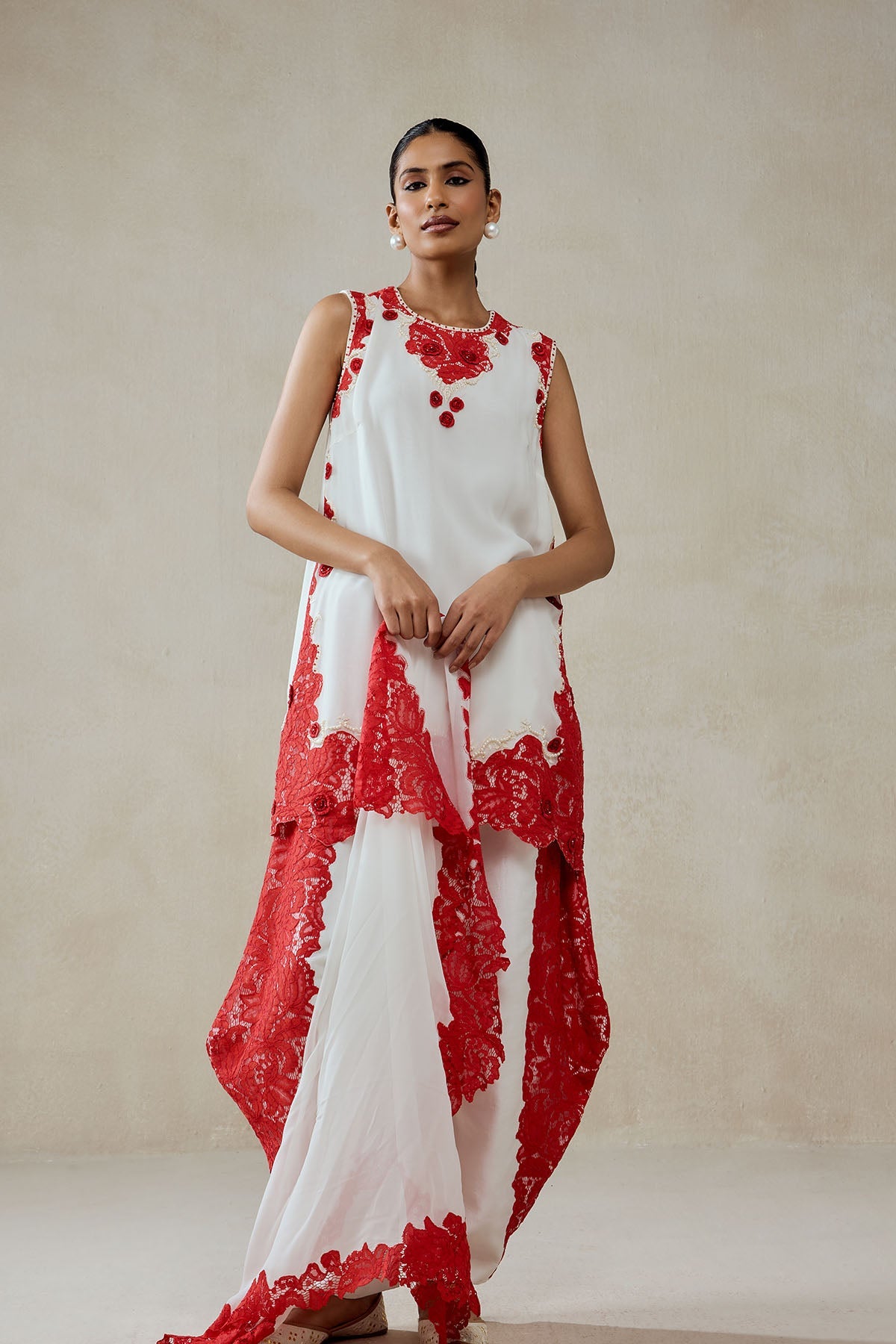 White Georgette With Red  Lace Applique Suit Set