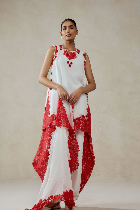 White Georgette With Red  Lace Applique Suit Set