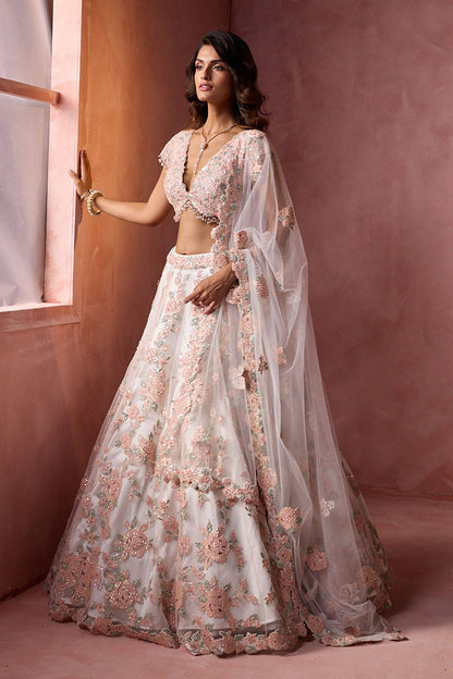 White Net  With Leather Applique Lehenga Set