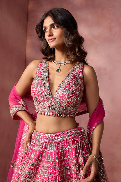 Fuchsia Pink Taffeta Lehenga Set