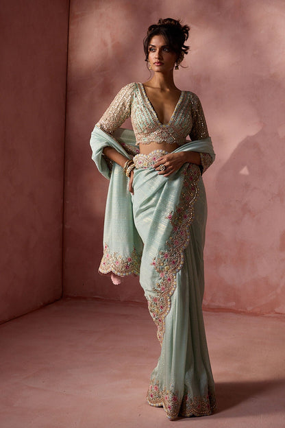 Aqua Lurex Georgette Saree Set