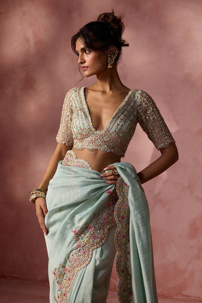 Aqua Lurex Georgette Saree Set