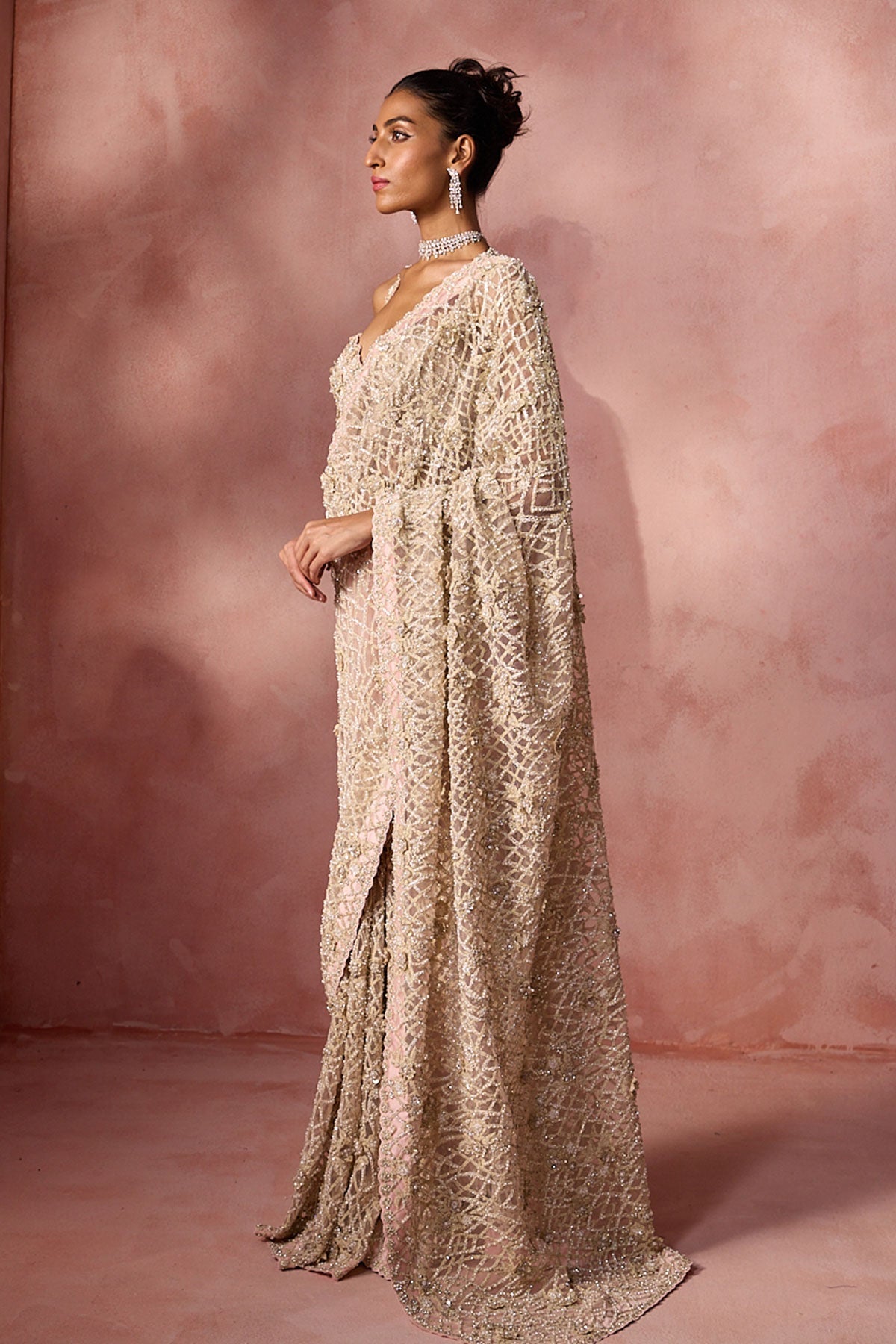 Blush Pink  Net Saree Set