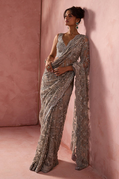 Silver Grey Net Saree Set With Silver Work