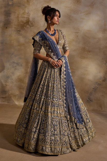 Blue Grey Net Lehenga Set