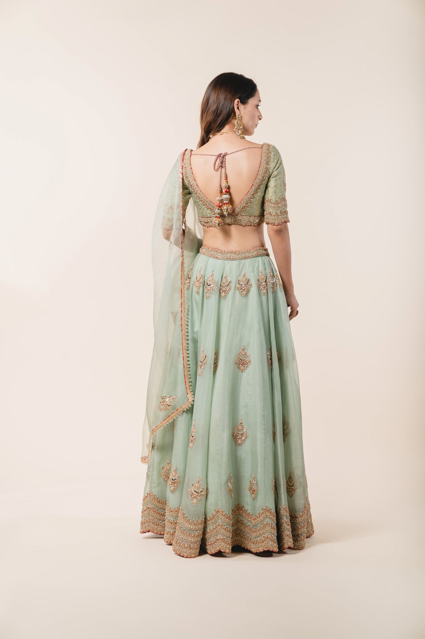 Jade Green Organza Lehenga & Benarsi Blouse Set