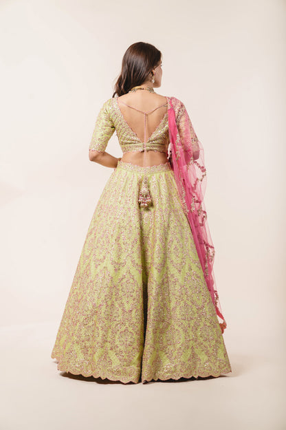 Lime Green Tafetta Lehenga Choli Set