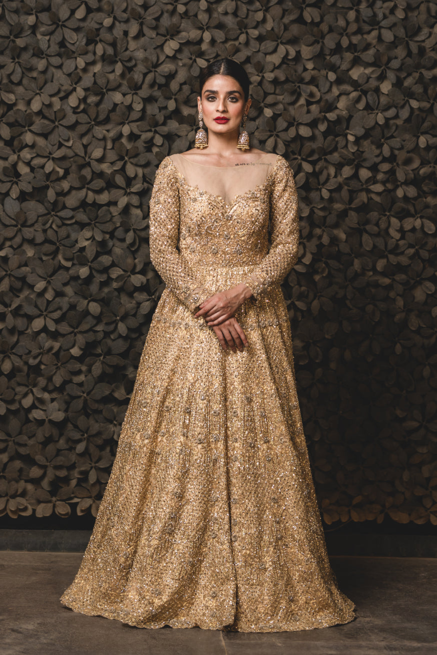 Gold Tulle Gown With Dupatta