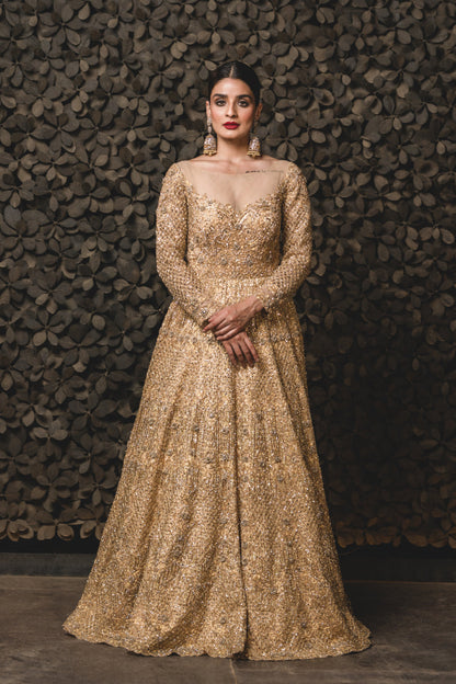 Gold Tulle Gown With Dupatta