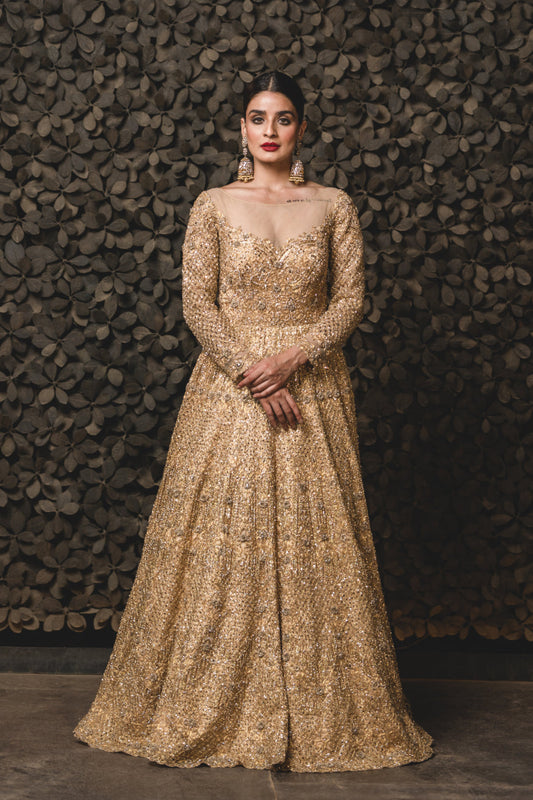 Gold Tulle Gown With Dupatta