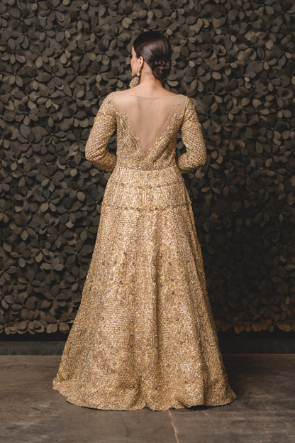 Gold Tulle Gown With Dupatta