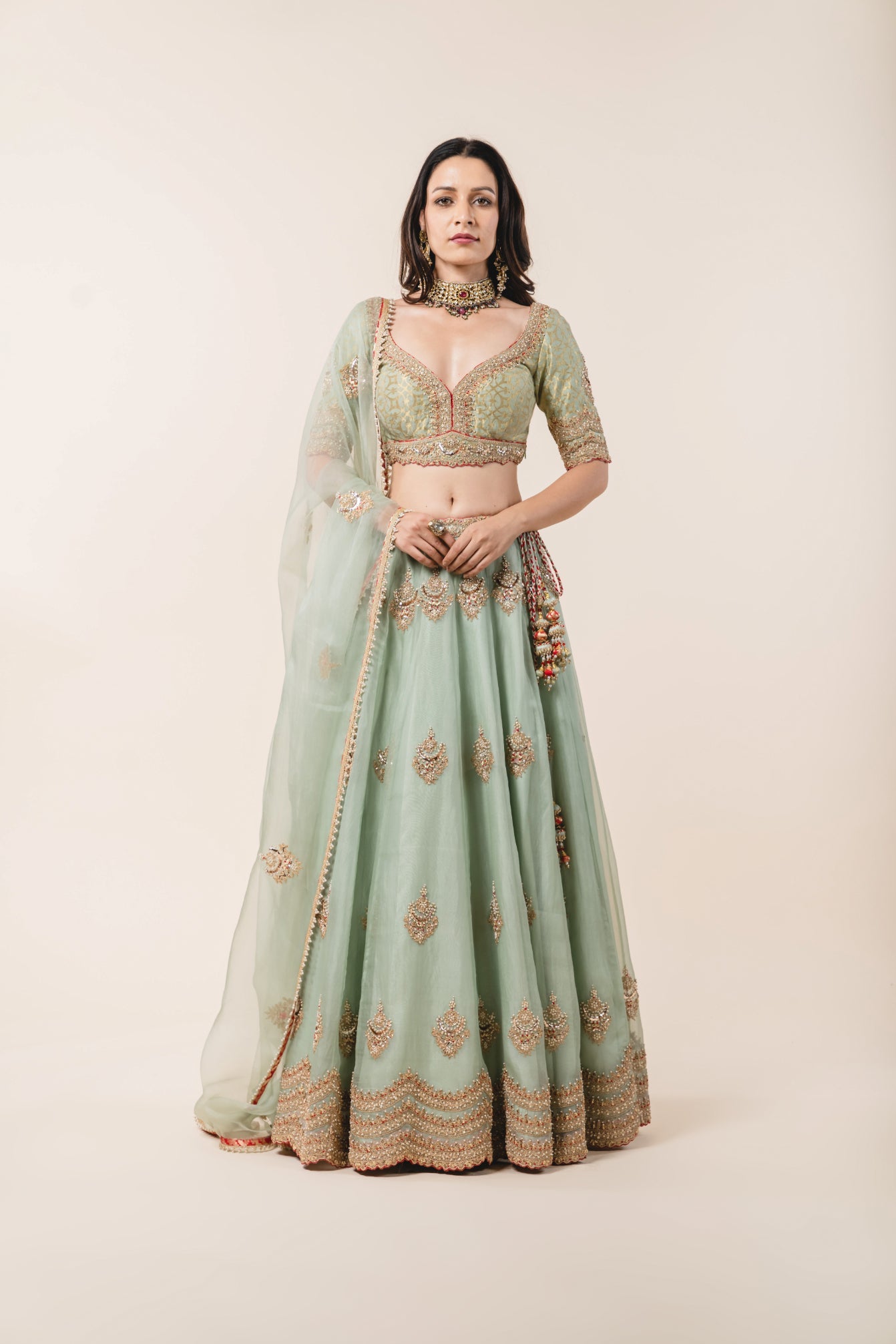 Jade Green Organza Lehenga & Benarsi Blouse Set