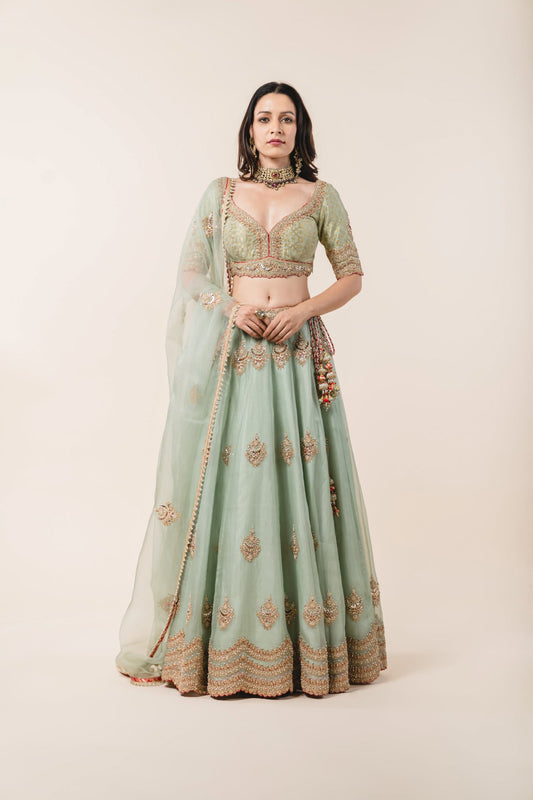 Jade Green Organza Lehenga & Benarsi Blouse Set