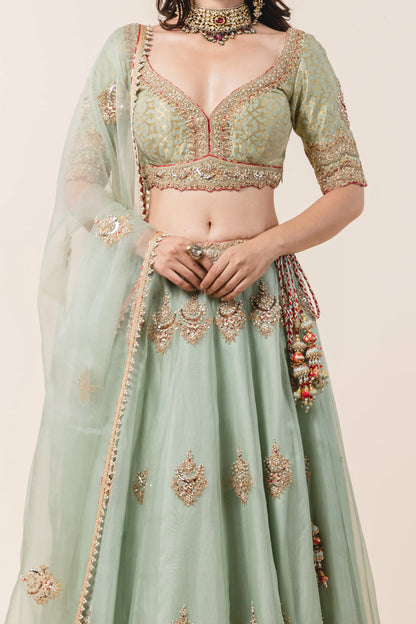 Jade Green Organza Lehenga & Benarsi Blouse Set