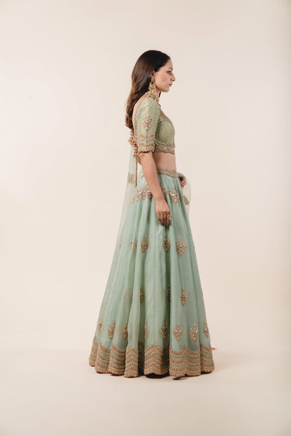 Jade Green Organza Lehenga & Benarsi Blouse Set
