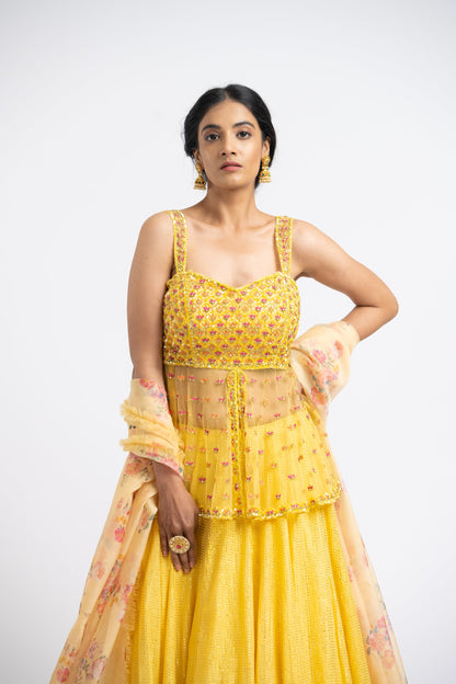 Bright Yellow Net Peplum With Georgette Mokaish Lehenga And Printed Dupatta