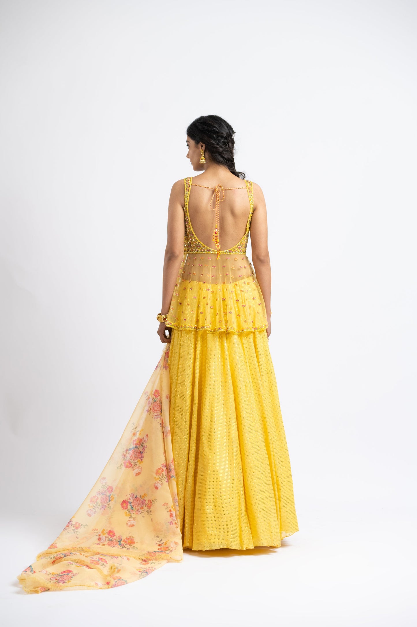 Bright Yellow Net Peplum With Georgette Mokaish Lehenga And Printed Dupatta