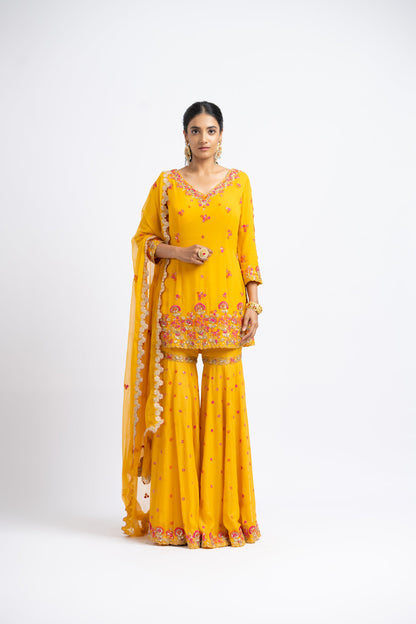Mustard Georgette Garara Set With Georgette Dupatta