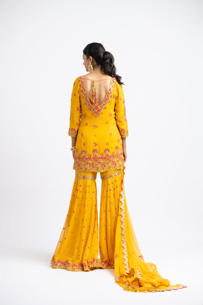 Mustard Georgette Garara Set With Georgette Dupatta