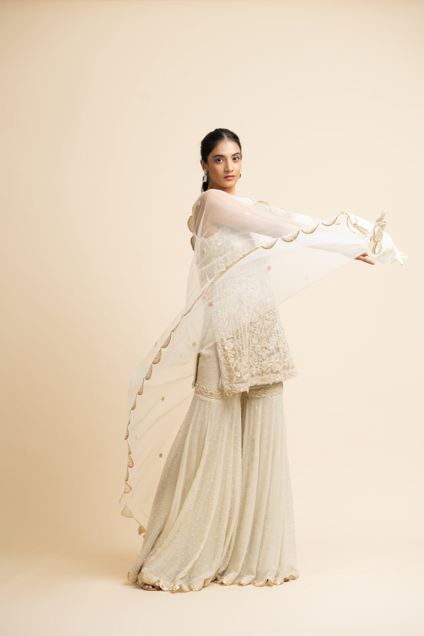 Ivory Tulle Kurta And Dupatta With Georgette Garara Set