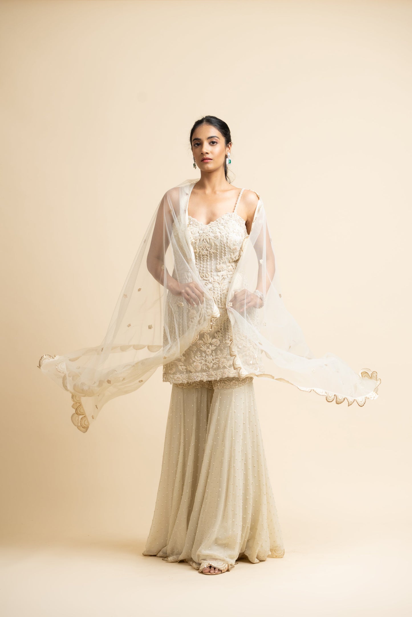 Ivory Tulle Kurta And Dupatta With Georgette Garara Set