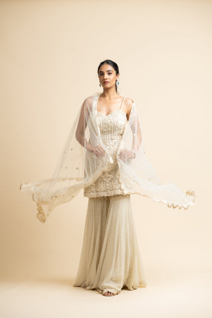 Ivory Tulle Kurta And Dupatta With Georgette Garara Set