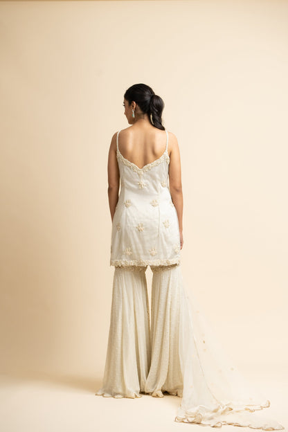 Ivory Tulle Kurta And Dupatta With Georgette Garara Set