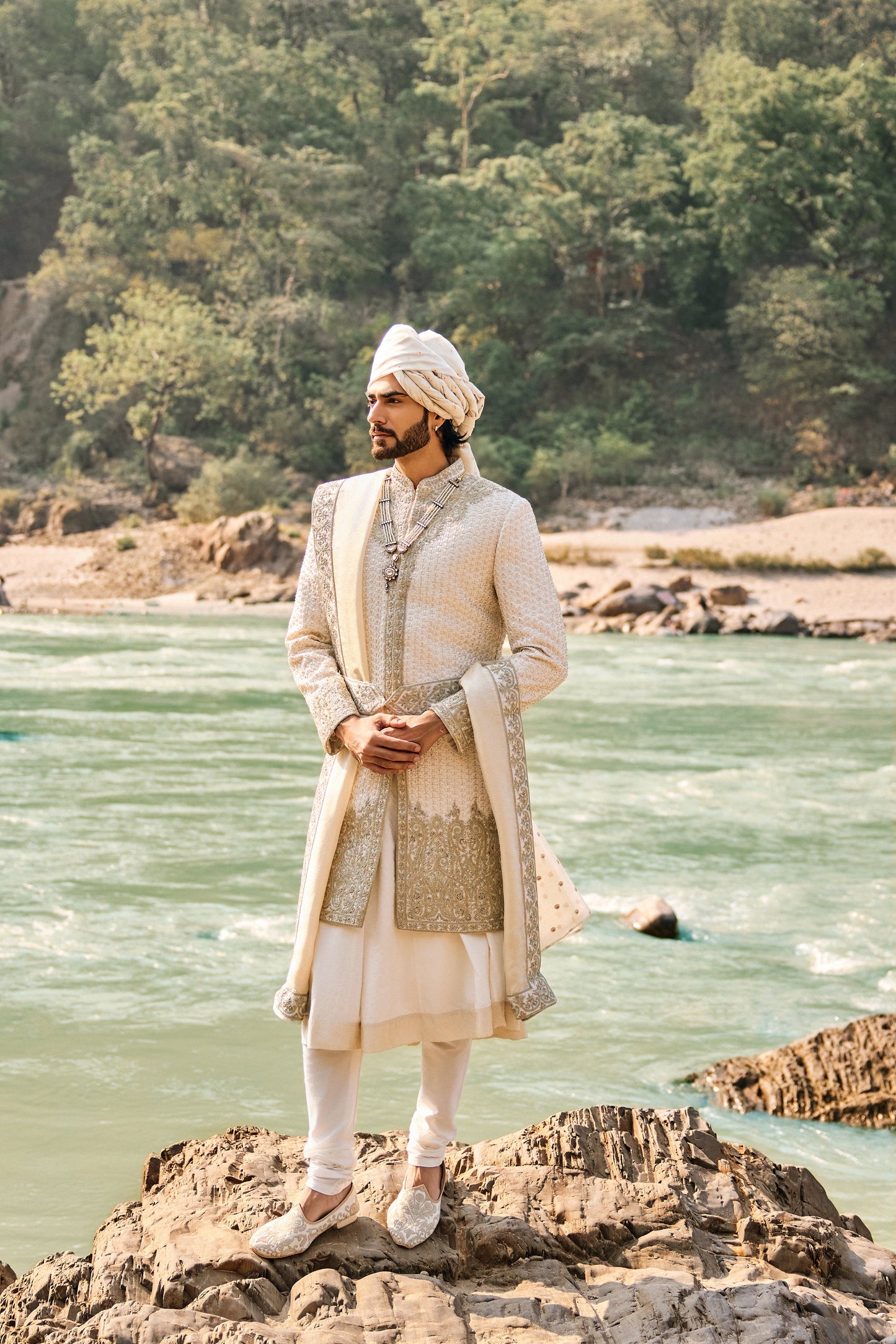 Ivory Raw Silk Sherwani Set