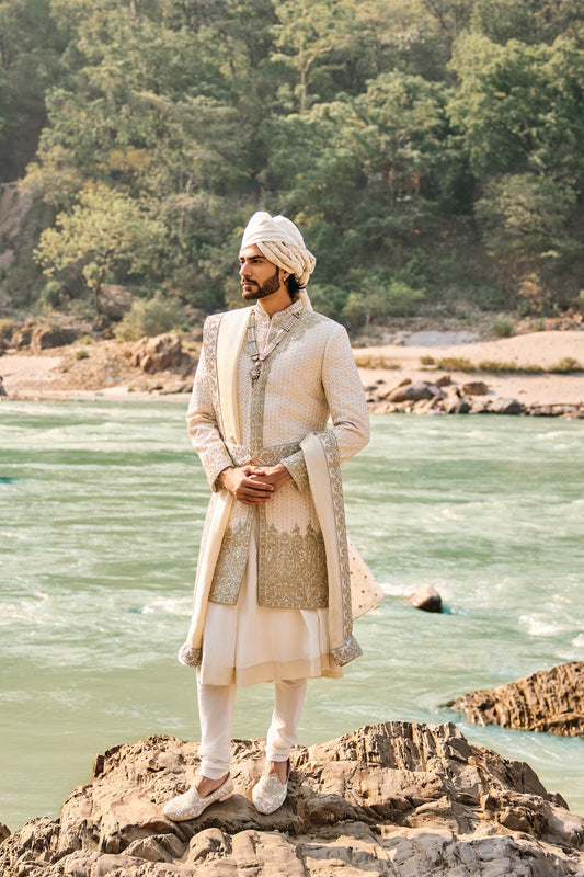Ivory Raw Silk Sherwani Set