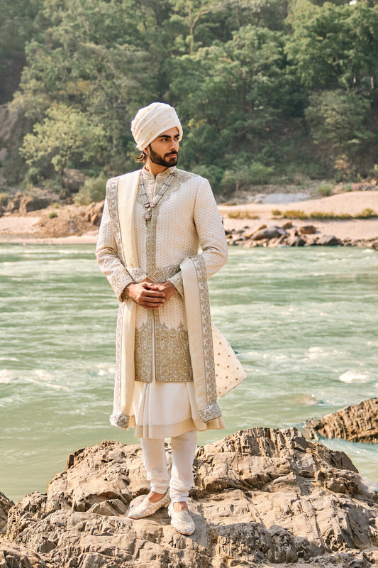 Ivory Raw Silk Sherwani Set