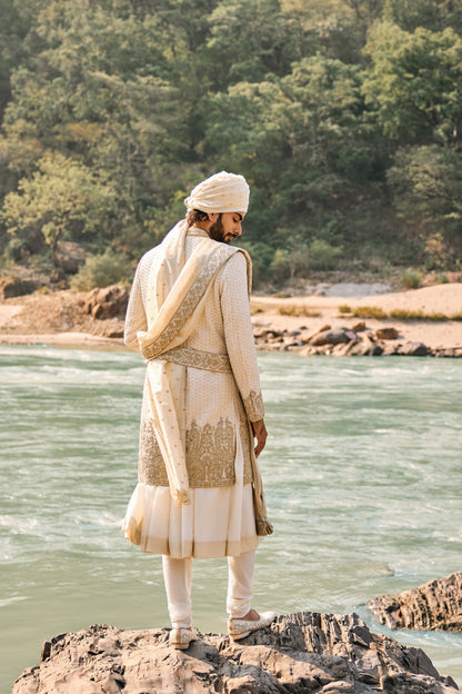 Ivory Raw Silk Sherwani Set