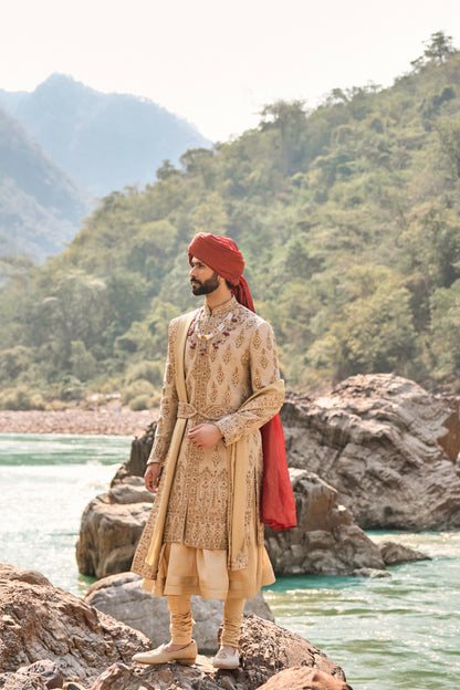 Gold Twill Matka Sherwani Set