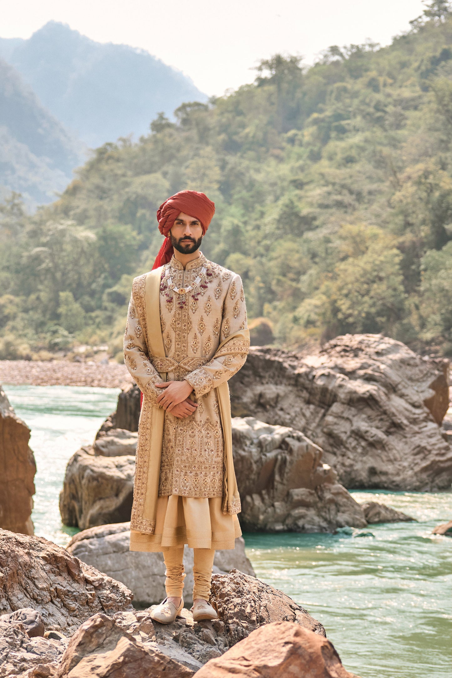 Gold Twill Matka Sherwani Set