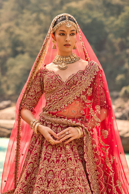 Flame Red Heritage Lehenga